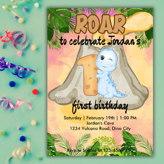 Roar Dinosaur Vulcano Thema Girl Boy 1. Geburtstag Einladung