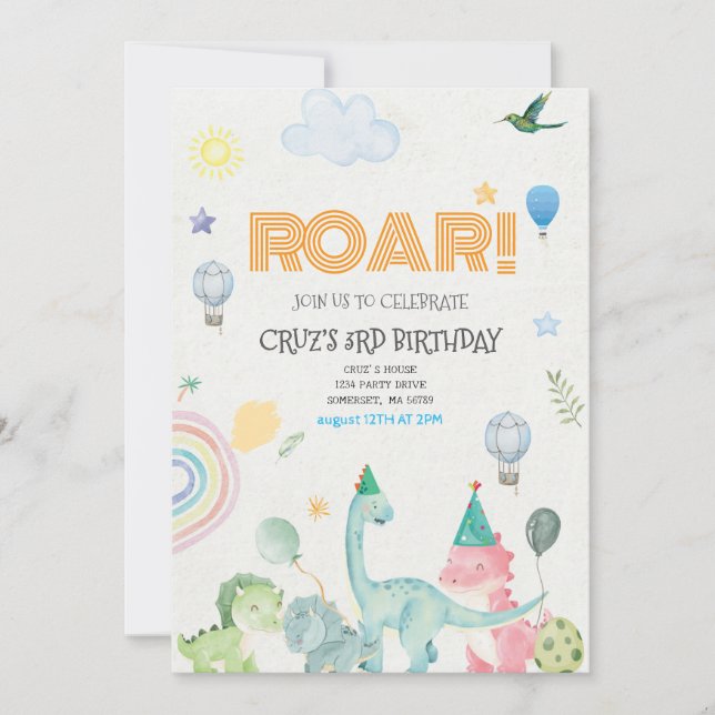 Roar Dinosaurier Einladung zum Geburtstag (Vorderseite)