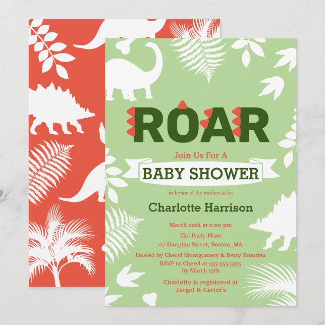 Roar Dinosaurier & Jungle Foliage Baby Dusche Einladung (Vorne/Hinten)