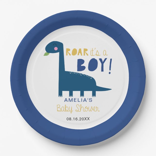 Roar es ist ein Junge Dinosaur Baby Dusche Niedlic Pappteller (Vorderseite)