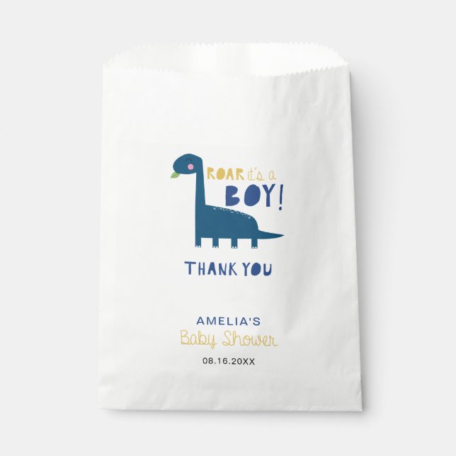 Roar es ist eine junge blaue Dinosaurier Babydusch Geschenktütchen (Vorderseite)