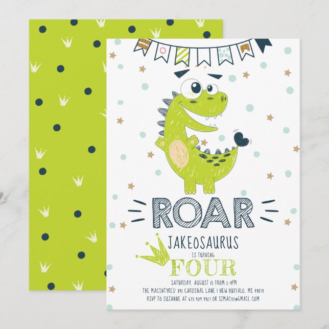 ROAR Green Dinosaur Geburtstag Einladung (Vorne/Hinten)