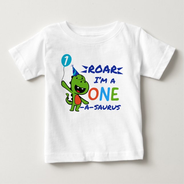 Roar I bin ein One-A-Saurus , Dinosaurier Geburtst Baby T-shirt (Vorderseite)