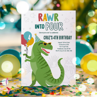 Roar in Four T-Rex Dinosaur 4. Geburtstags-Party Einladung