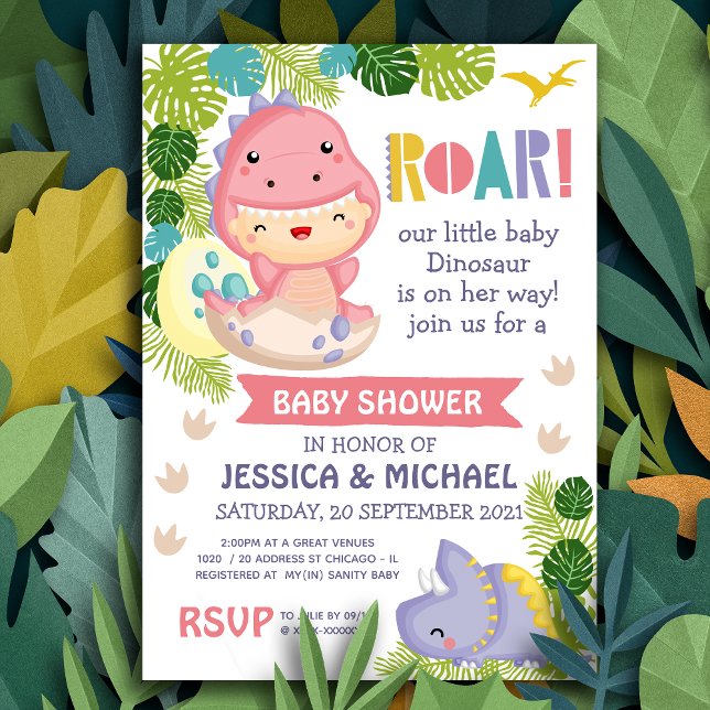 Roar It's a Girl Dinosaur Baby Shower Einladung (Roar is a Dinosaur!)
