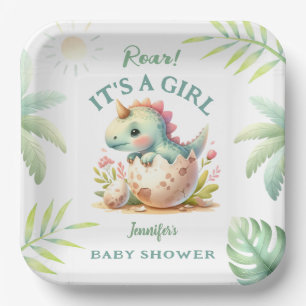 Roar It's a Girl Pink Dino Dinosaur Baby Shower Pappteller