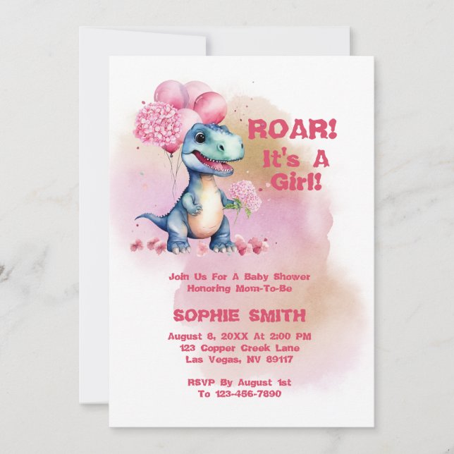 Roar It's a Girl T-Rex Baby Dinosaurier Einladung (Vorderseite)