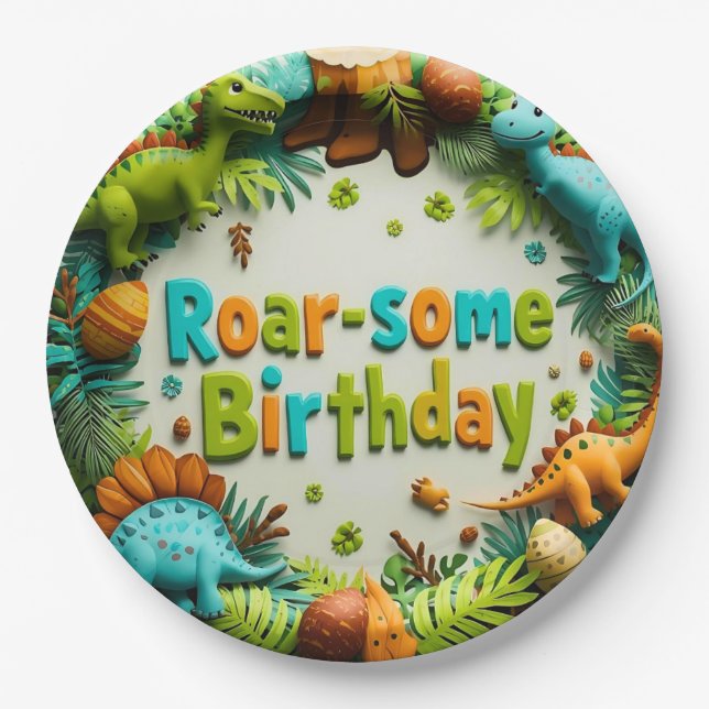 Roar-some Dinosaur Birthday Party Paper Plate Pappteller (Vorderseite)