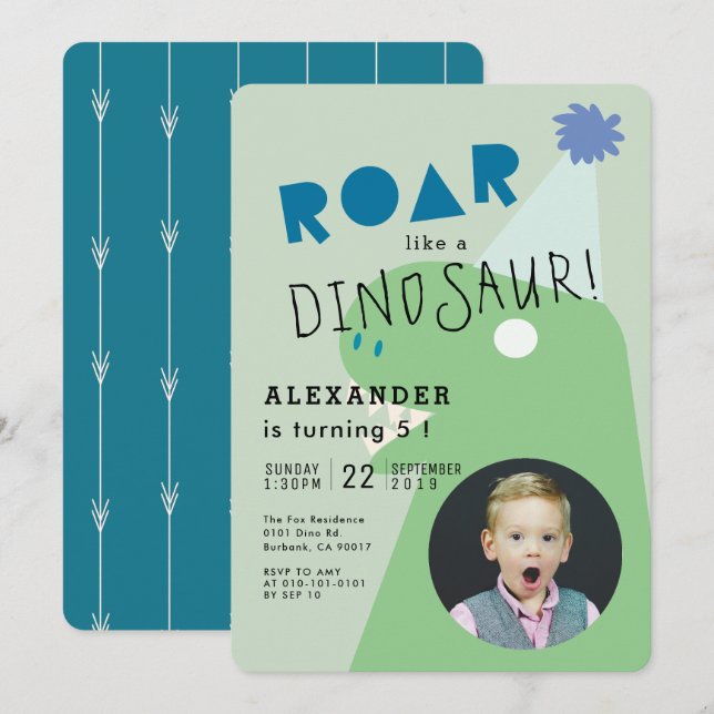 ROAR T-Rex Dinosaur Green Foto Boy's Birthday Einladung (Vorne/Hinten)