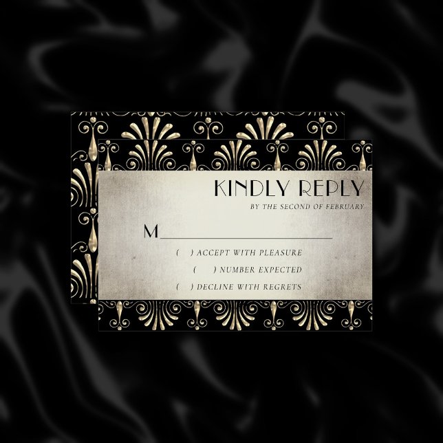 Roarin-20er-Dekadenz | Sepia Gold Black Art Deco RSVP Karte (Von Creator hochgeladen)