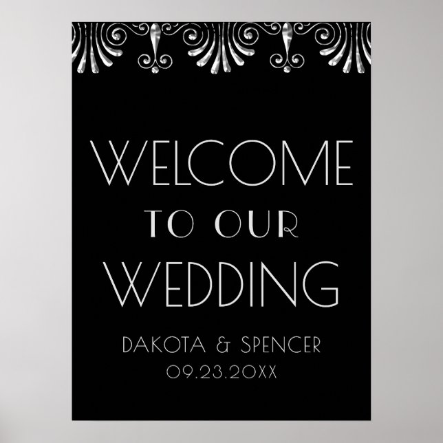Roarin 20er Jahre Silver Black Art Deco Hochzeit W Poster (Vorne)