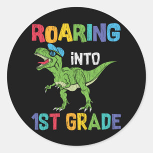 Roaring 1. Klasse Back School T rex Dinosaur Kinde Runder Aufkleber