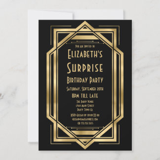 Roaring 20er Art Deco Black Gold Überraschung Gebu Einladung
