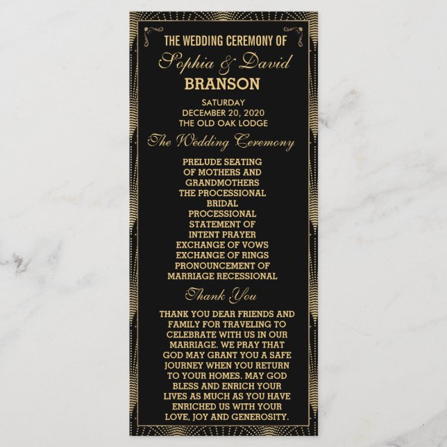 Roaring 20er Art Deco Great Gatsby Hochzeitsprogra Programm (Vorderseite)