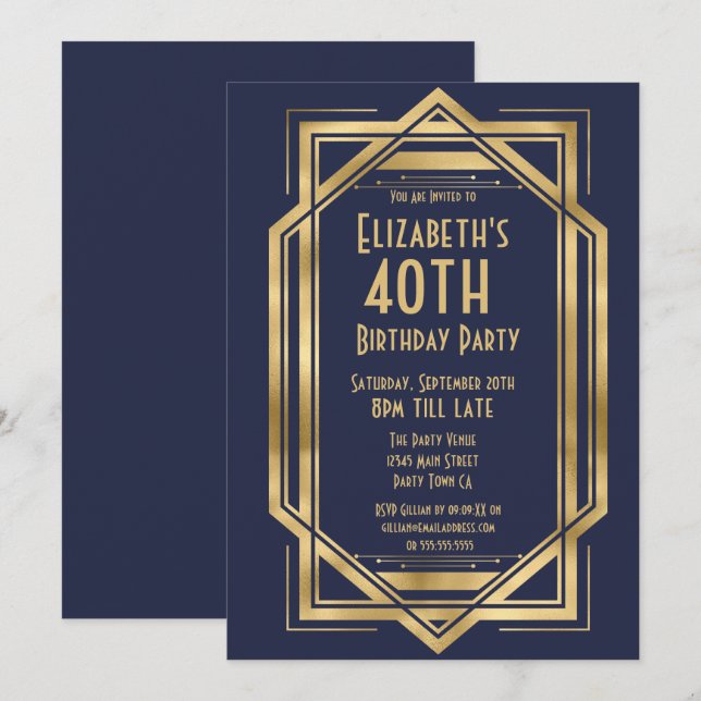 Roaring 20er Art Deco Navy Blue | Gold 40. Einladung (Vorne/Hinten)