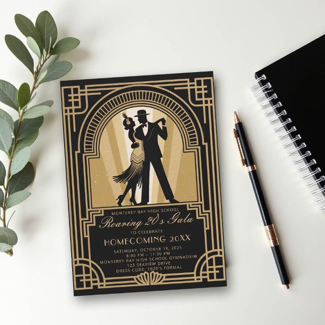 Roaring 20er Art Deco Prom Homecoming School Gala Einladung (homecoming prom school event invitation roaring 20s gatsby flapper dancing black gold)