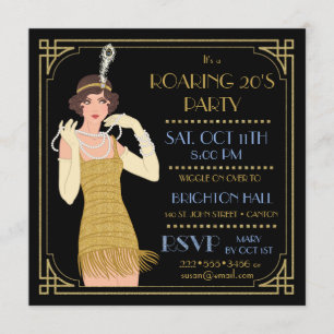 Roaring 20er Flapper Gold Glitter Schwarz Retro Einladung