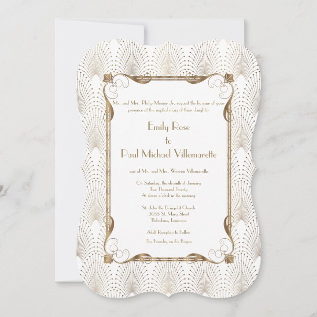 Roaring 20er Great Gatsby Gold White Wedding Einladung (Vorderseite)