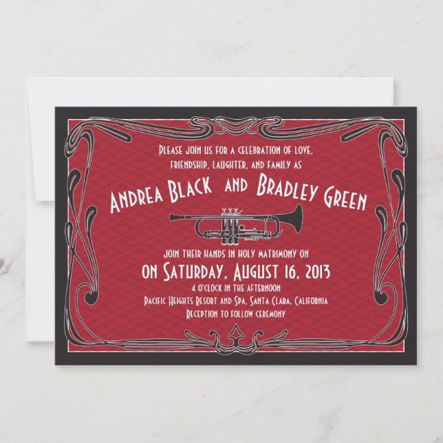 Roaring 20er Jahre Trumpet Red Wedding Einladung (Vorderseite)