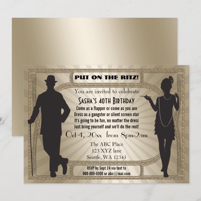 Roaring 20er Kunst Deko Flapper Girl and Gangster Einladung (Vorne/Hinten)