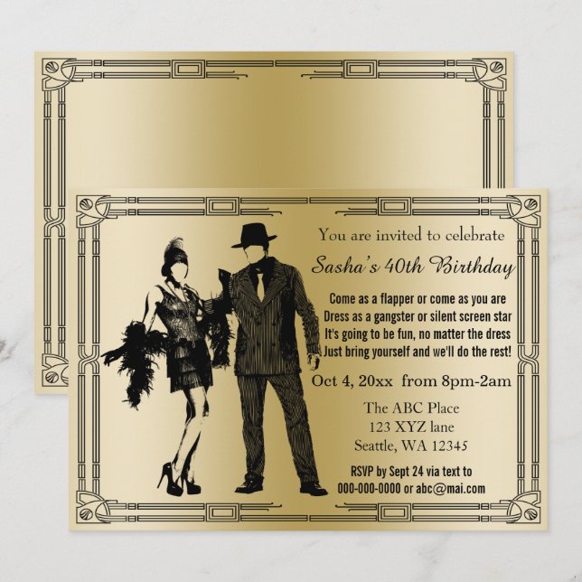 Roaring 20er Kunst Deko Flapper Girl and Gangster Einladung (Vorne/Hinten)