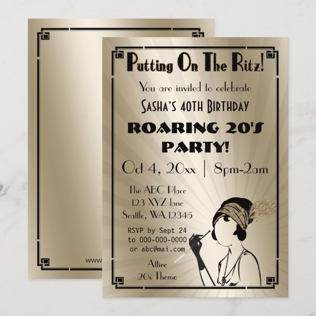 Roaring 20er Kunst Deko Flattergirl Einladung (Vorne/Hinten)