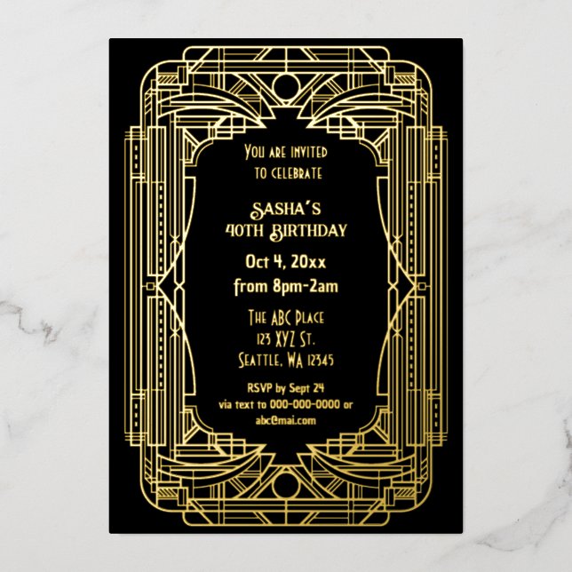 Roaring 20er Kunst große Gatsby Art Deco Geburtsta Folieneinladung (Vorderseite)