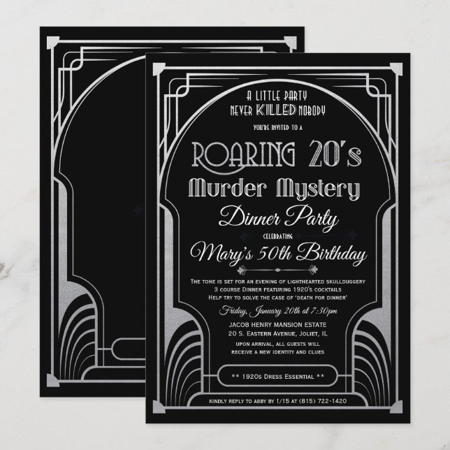 Roaring 20er Murder Mystery Einladung (Vorne/Hinten)