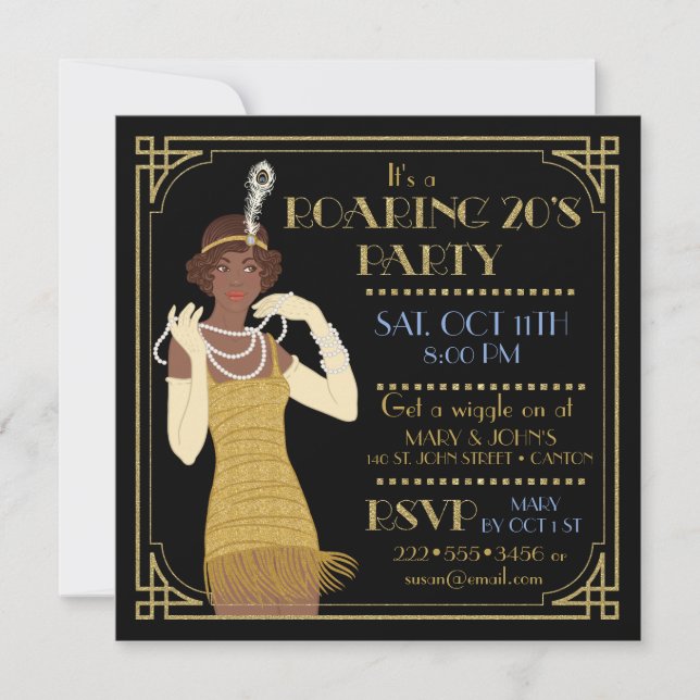 Roaring 20's African American Flapper Gold & Black Einladung (Vorderseite)