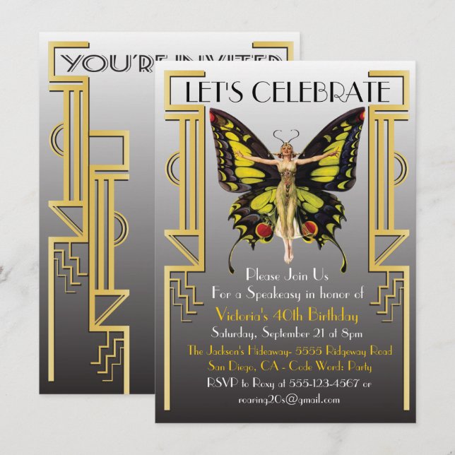 Roaring 20's Art Deco Flapper Party Einladung (Vorne/Hinten)