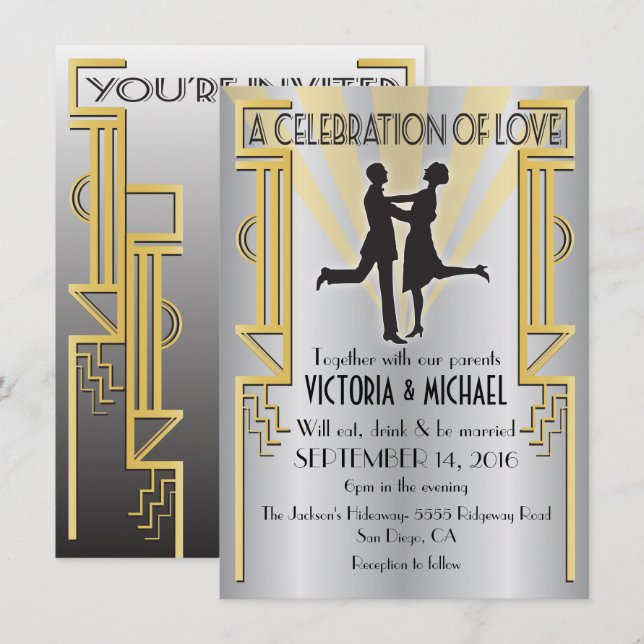 Roaring 20's Art Deco Hochzeitseinladung Einladung (Vorne/Hinten)