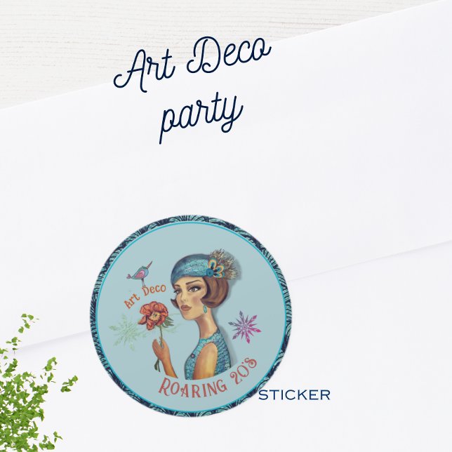 Roaring 20's Art Déco Lady in Blue Runder Aufkleber (Zazzle Roaring 20's Art Deco Lady in Blue Classic Round Sticker (Envelope))