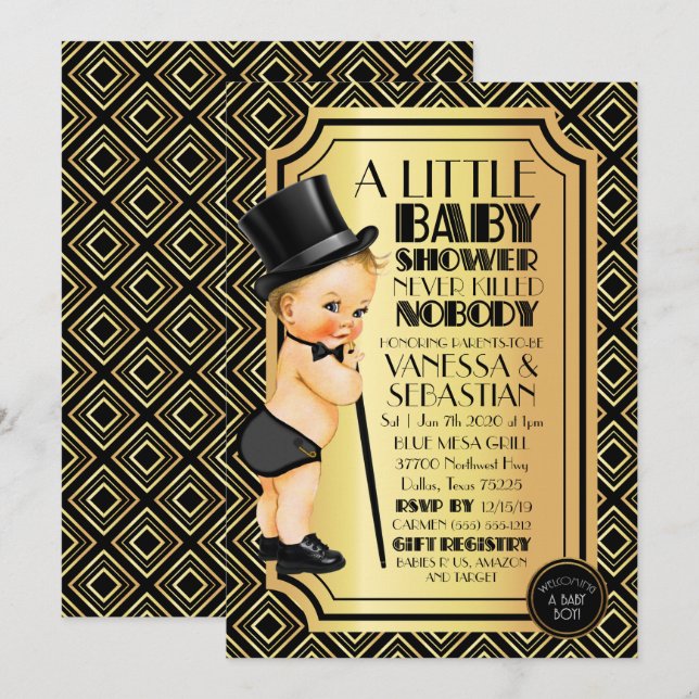 Roaring 20s Black and Gold Little Gentleman Einladung (Vorne/Hinten)