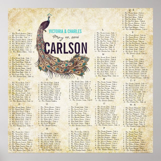 Roaring 20s Damask Peacock Gold Seating Chart Poster (Vorne)