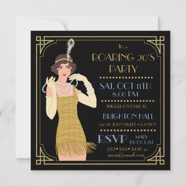 Roaring 20's Flapper Gold Glitzer Black Retro Einladung (Vorderseite)