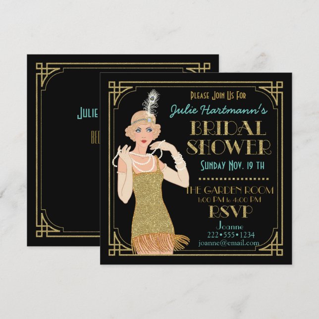 Roaring 20's Flapper Gold Glitzer Black Retro Einladung (Vorne/Hinten)
