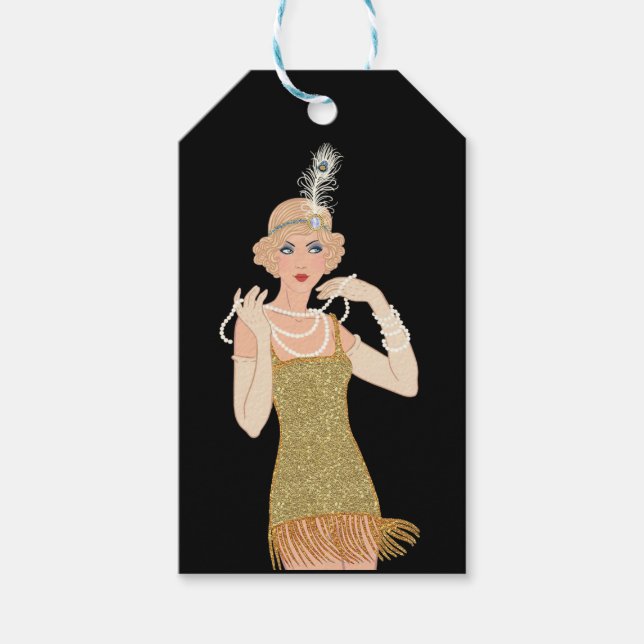 Roaring 20's Flapper Gold Glitzer Black Retro Geschenkanhänger (Vorderseite)