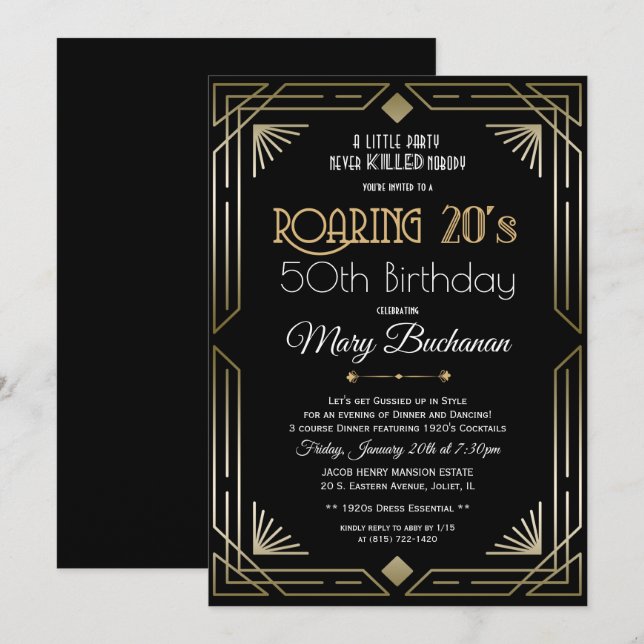 Roaring 20s Geburtstagseinladung Einladung (Vorne/Hinten)