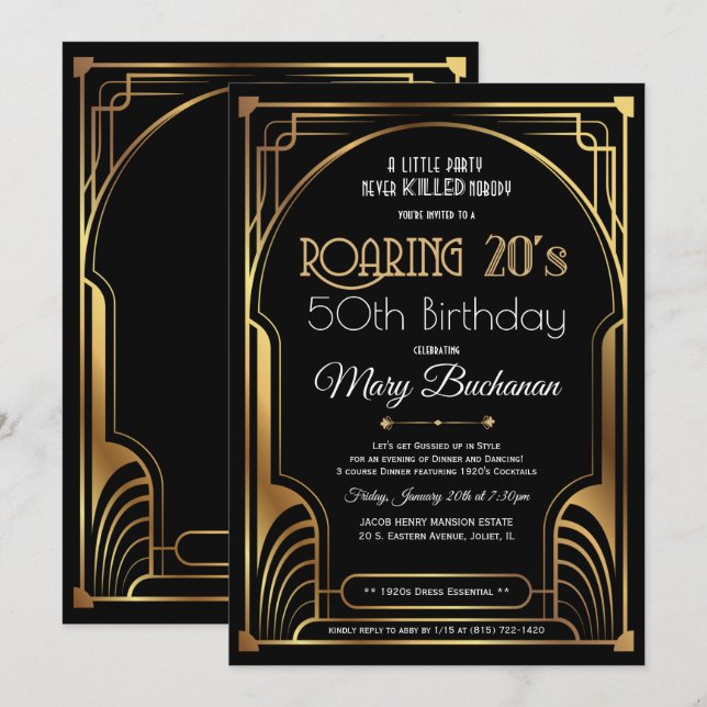 Roaring 20s Geburtstagseinladung Einladung (Vorne/Hinten)
