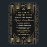 Roaring 20s Great Gatsby Art Deco 18. Geburtstag Einladung<br><div class="desc">Great Gatsby Vintag Art Deco Geburtstagsparty Einladung. Das inspirierte Design der 20er Jahre ist in Schwarz und Gold gehalten und weist einen schönen geometrischen Stil des Art Déco auf. Verwenden Sie das Tool Personalisieren,  um Ihre Informationen hinzuzufügen. Siehe auch meine 18. Geburtstagskollektion.</div>