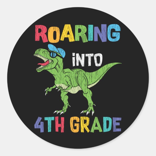 Roaring 4. Klasse Back School T rex Dinosaur Kinde Runder Aufkleber (Vorderseite)