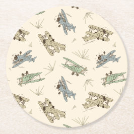 Roaring Art Deco Bi-Flugzeug - blaues grünes Muste Runder Pappuntersetzer