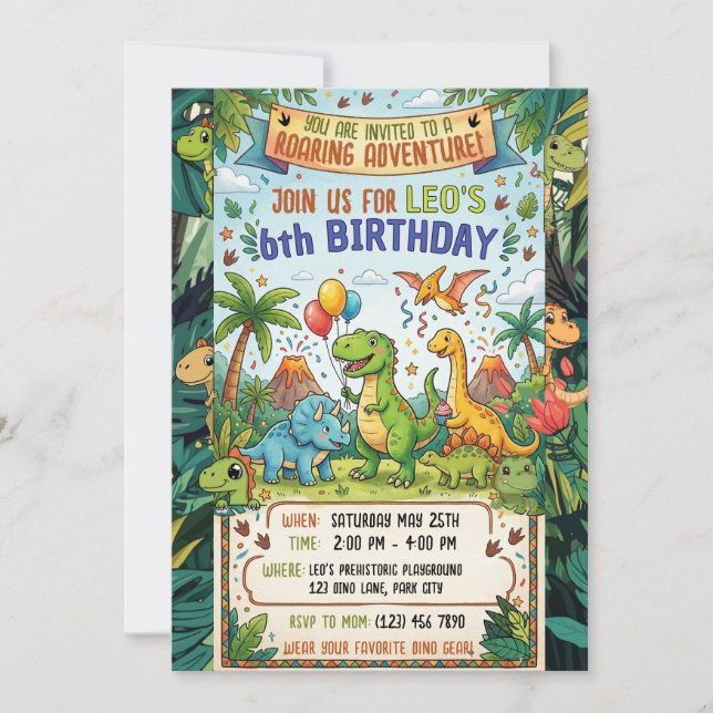 Roaring Dinosaur 6th Birthday Jungle Party Einladung (Vorderseite)