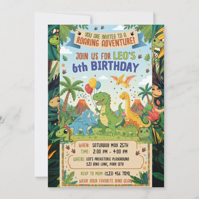 Roaring Dinosaur Adventure 6th Birthday Flat  Einladung (Vorderseite)