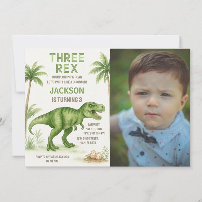 Roaring Dinosaur Geburtstag Einladungen mit Foto (Vorderseite)