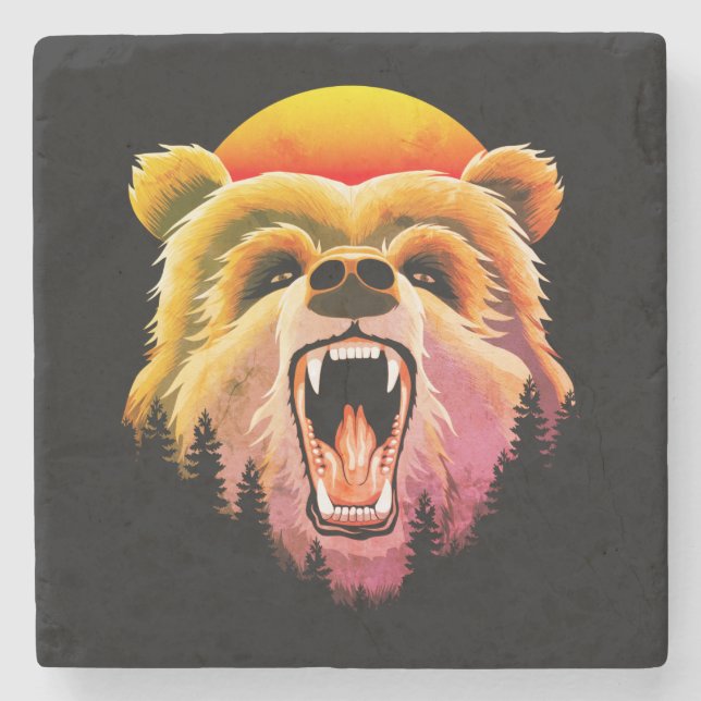 Roaring Grizzly Bär Face Steinuntersetzer (Vorderseite)