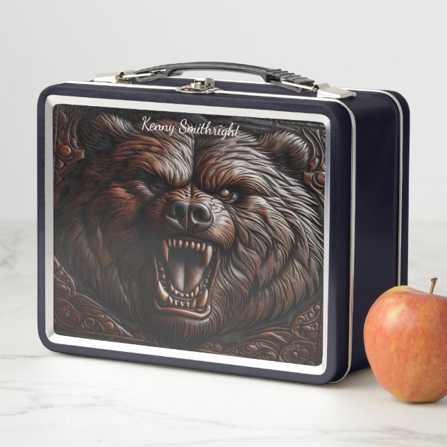 Roaring Grizzly geschnitzt in Leder Metall Brotdose (Beispiel)