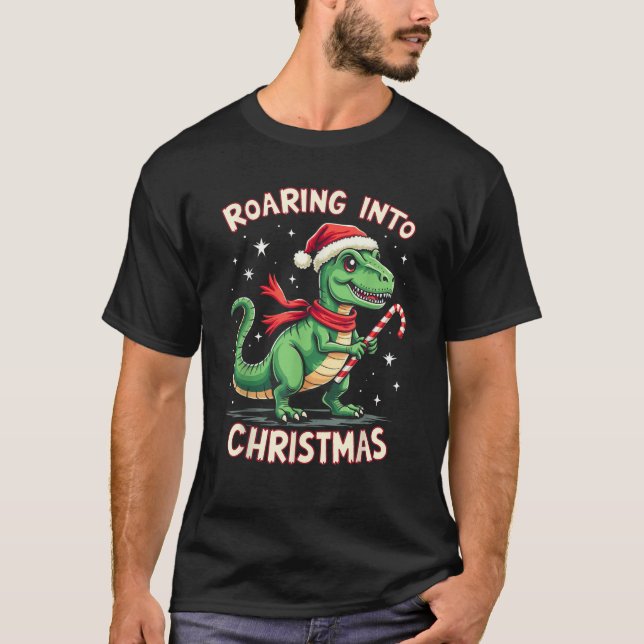 Roaring into Christmas T Rex Santa Hat Candy Cane  T-Shirt (Vorderseite)