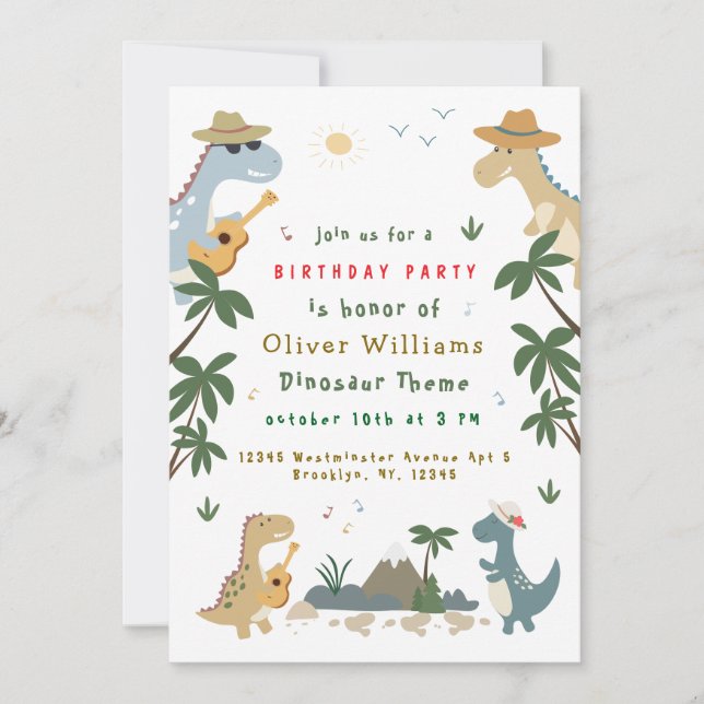 Roaring Jurassic Kids Prähistorischer Party Spaß Einladung (Vorderseite)