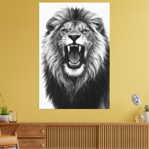 Roaring Lion Black White Powerful Wildlife Art